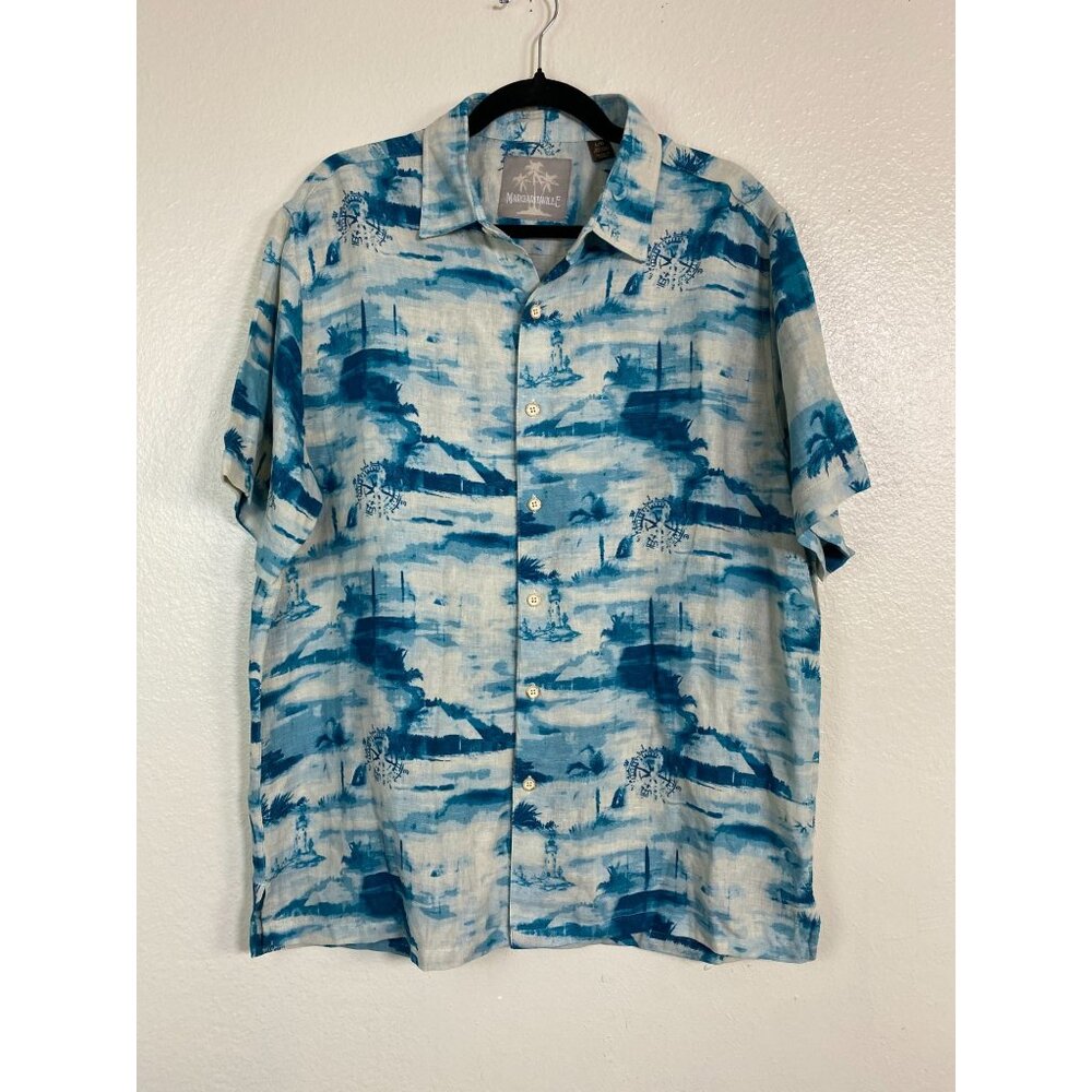 Margaritaville Mens Blue White Tropical Silk Linen Hawaiian Shirt size Large